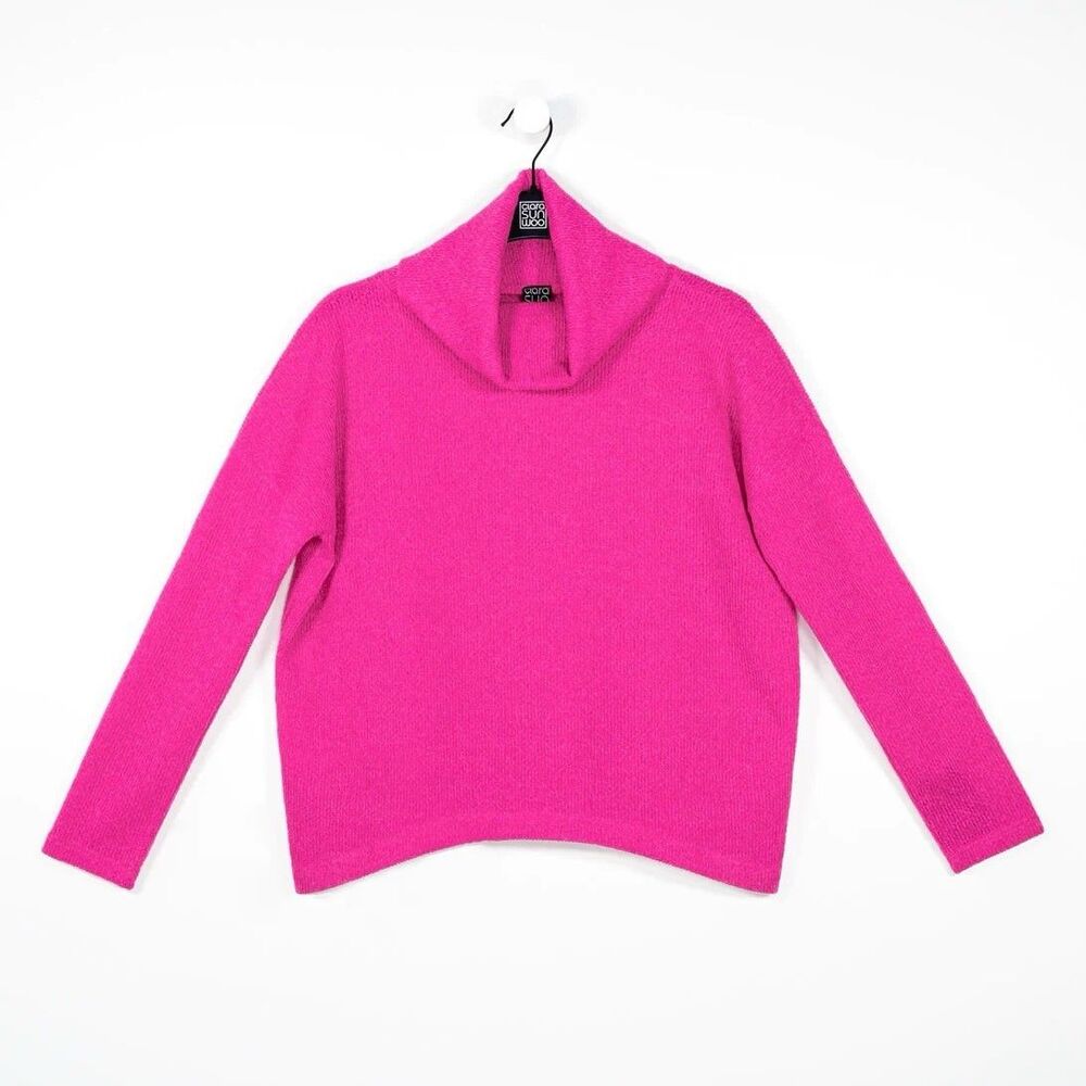 Clara Sun Woo Cozy Twill Knit Marled Turtleneck Sweater Sz XL USA Made Hot Pink